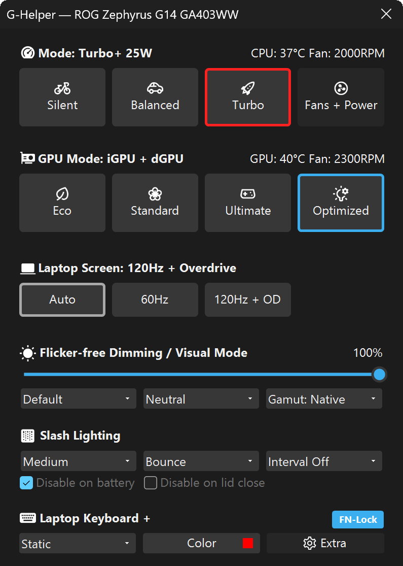 G-Helper のデスクトップ UI(ROG Zephyrus G14 でパフォーマンスモード、GPU モード、画面設定を表示)
