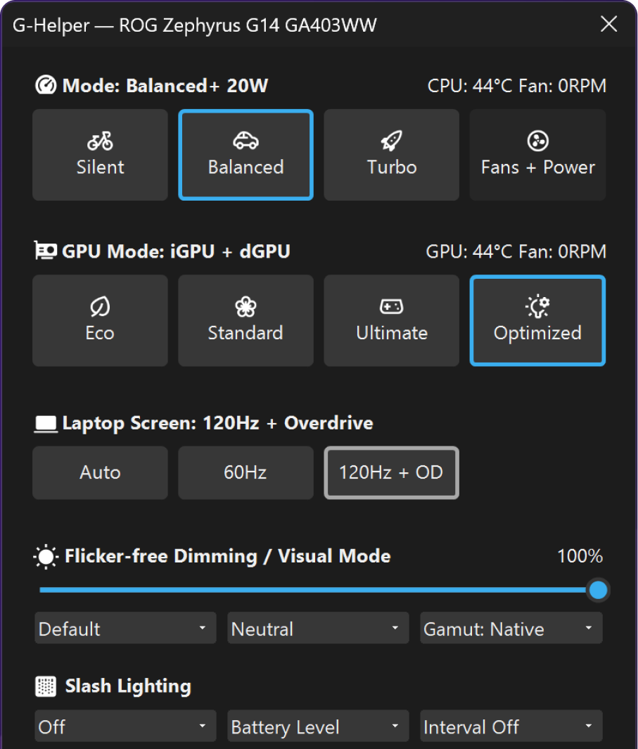 G-Helper desktop UI showing performance modes, GPU modes, and screen settings on a ROG Zephyrus G14
