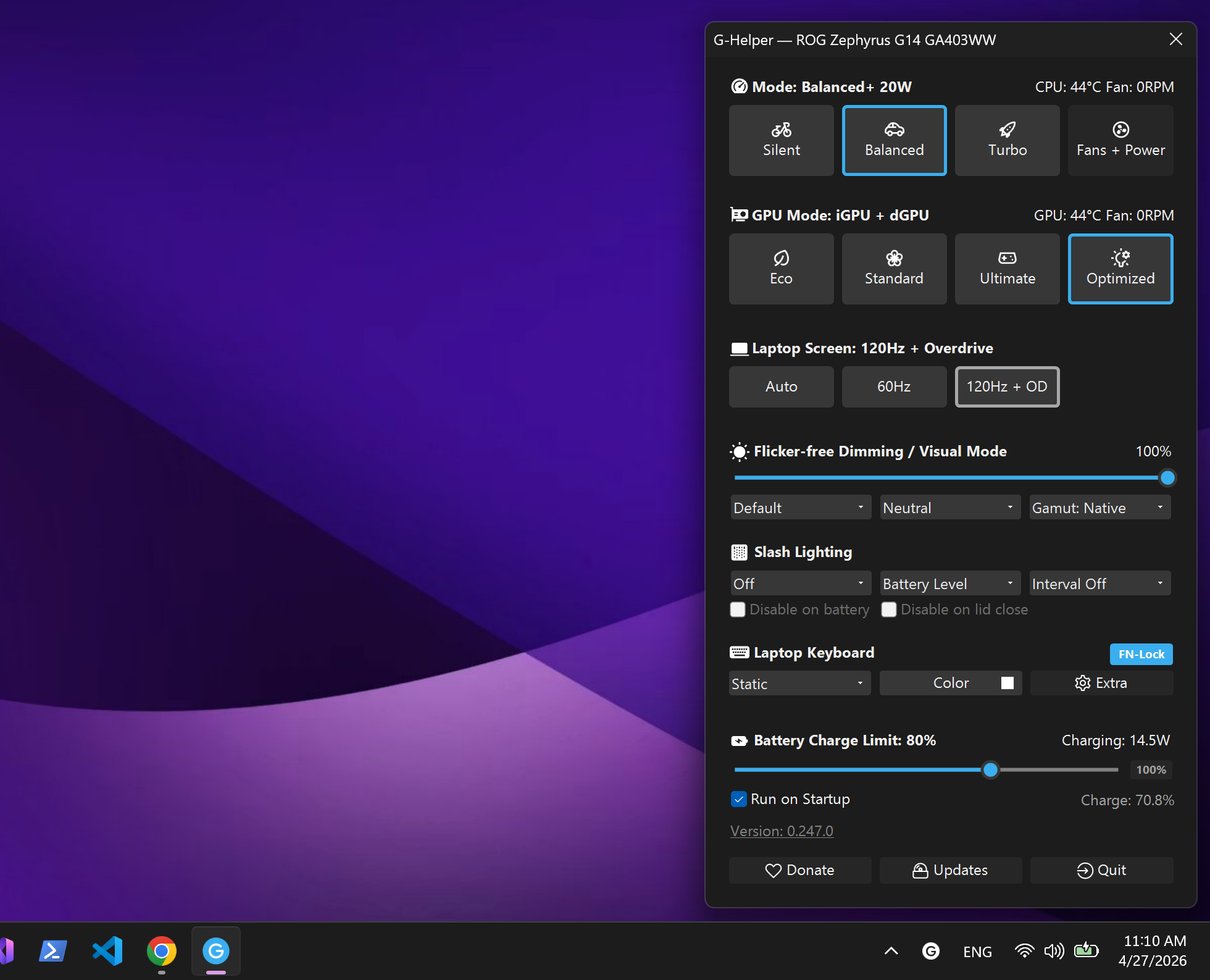 Asus ノートPCで サイレント、バランス、ターボ のパフォーマンスモードを選択した G-Helper のメイン画面