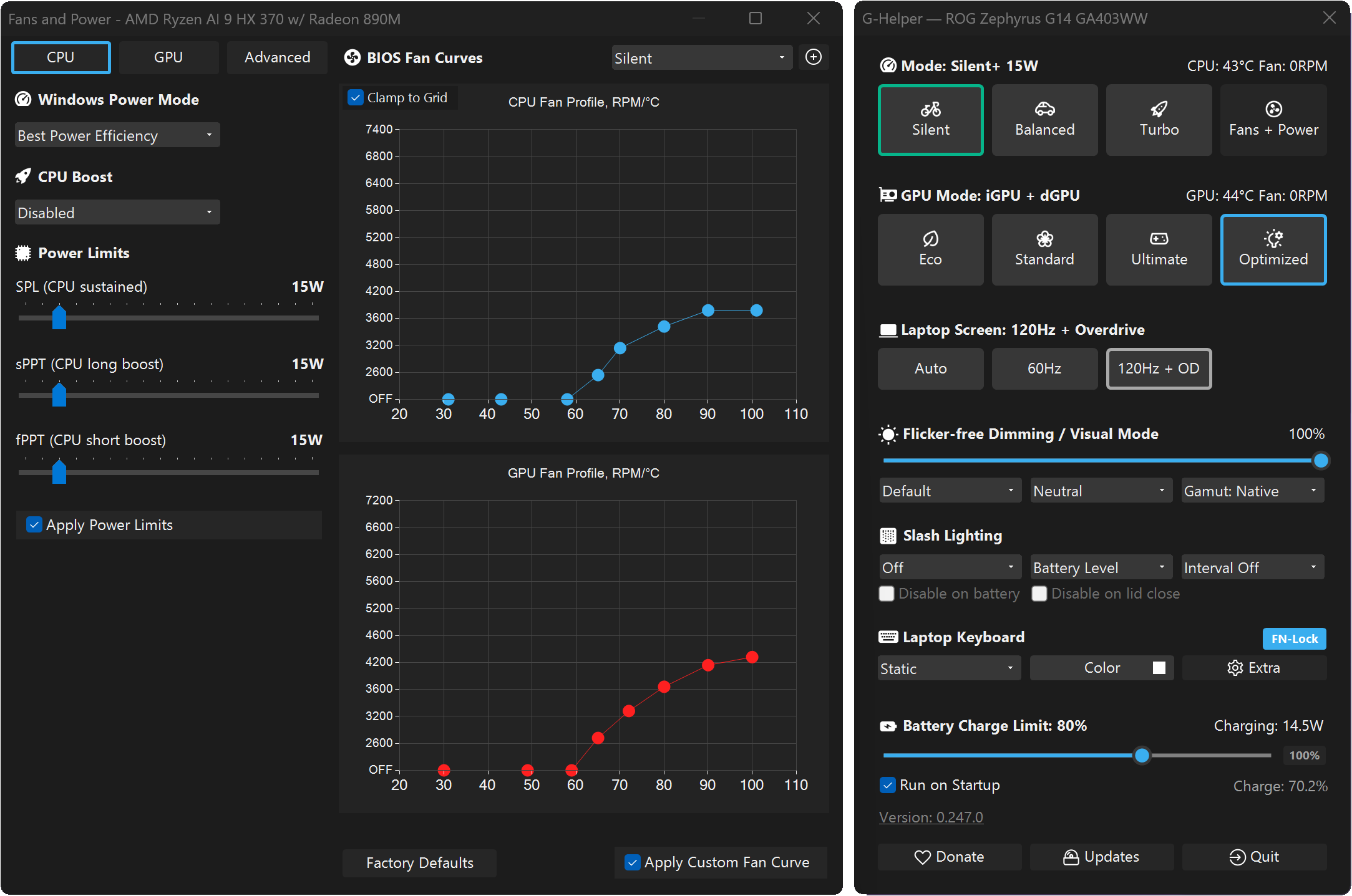 G-Helper performance mode selector paired with matching Windows power modes (Silent, Balanced, Turbo)