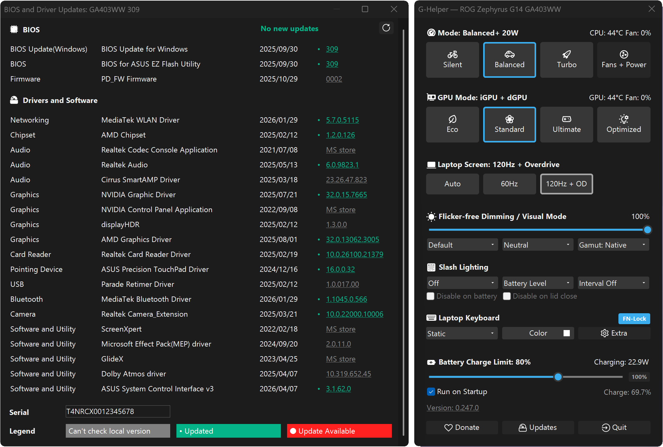 G-Helper automation settings — performance mode, GPU mode and refresh rate switching by AC vs battery power