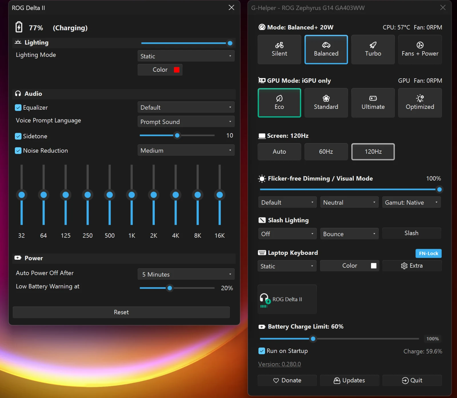 G-Helper headset settings next to the main G-Helper window, showing a ROG Delta II with its lighting, equalizer and microphone settings