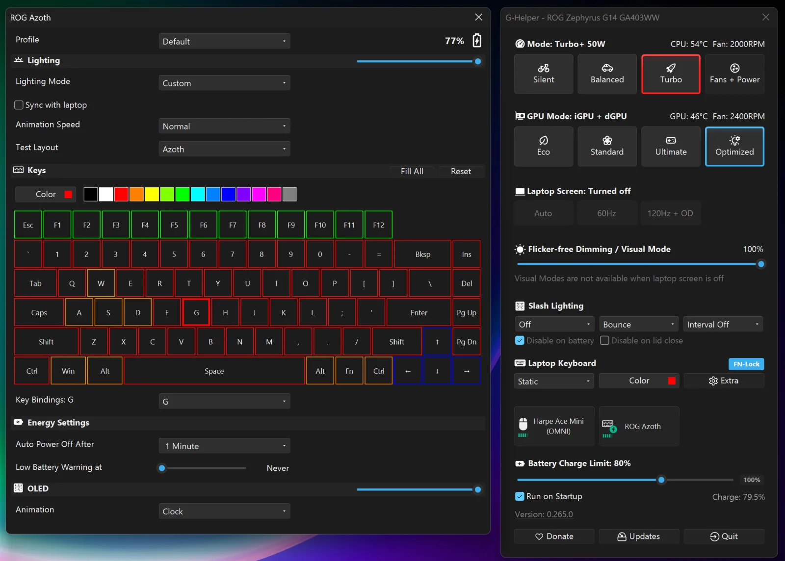 G-Helper keyboard settings panel next to the main G-Helper window, showing a ROG Azoth being configured: per-key RGB painting on an on-screen layout, key bindings, energy settings, and OLED animation
