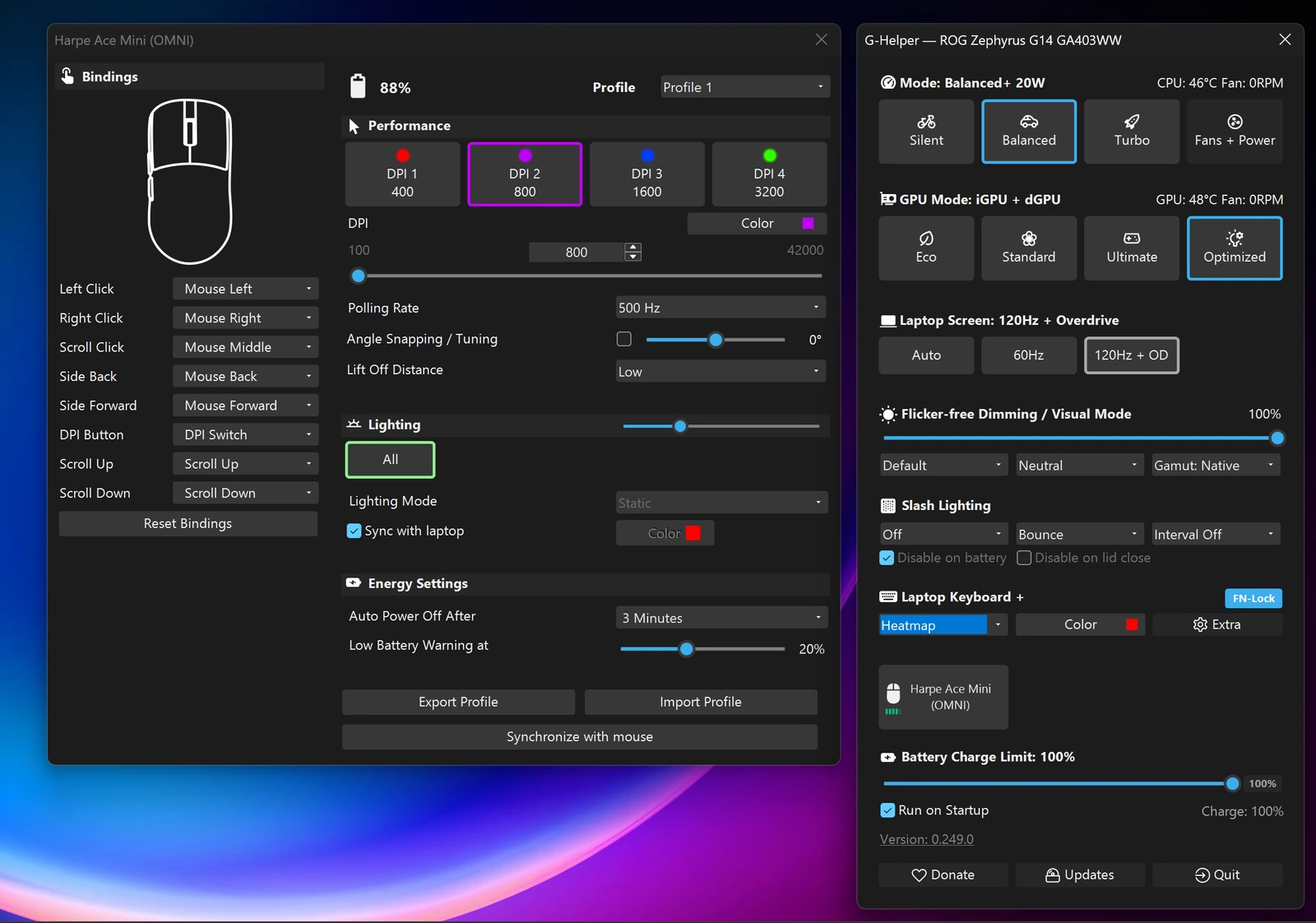 G-Helper mouse settings panel next to the main G-Helper window, showing the Harpe Ace Mini being configured for DPI, polling rate, lighting, button bindings, and energy settings