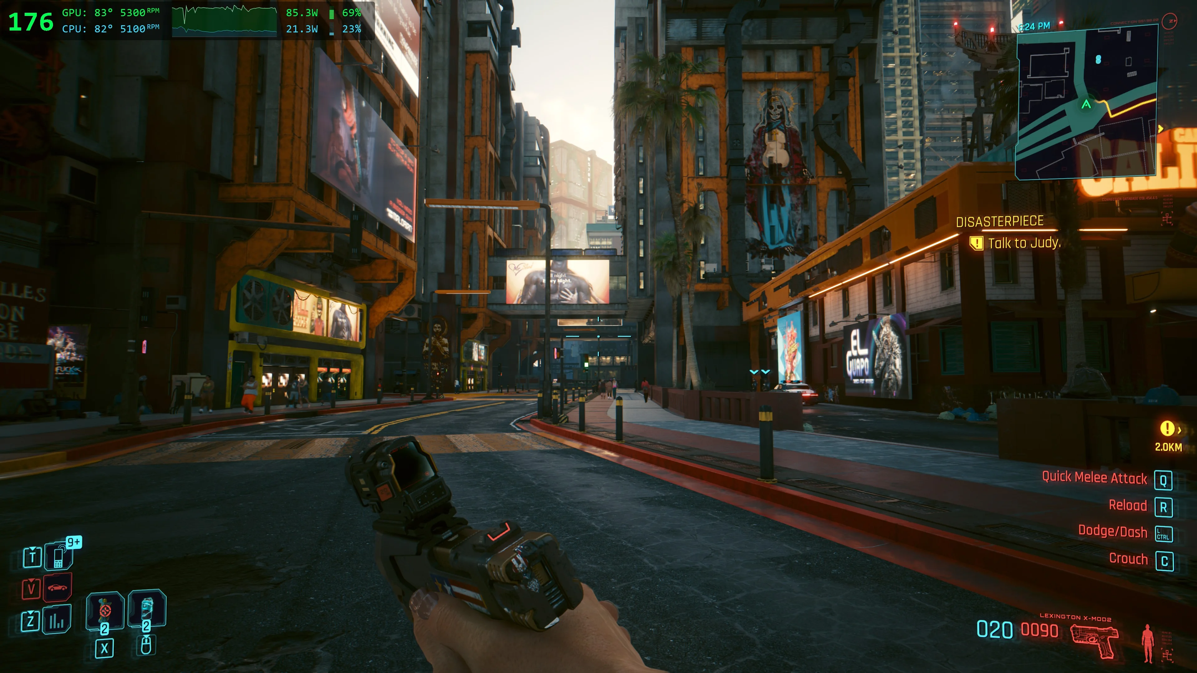 G-Helper hardware overlay running in the corner of a full-screen game, showing FPS, CPU and GPU temperature, fan RPM and power draw over the gameplay